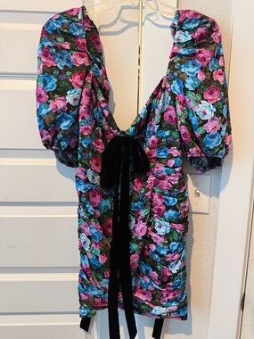 For Love & Lemons Black Floral Dress with Blue and Pink Accents